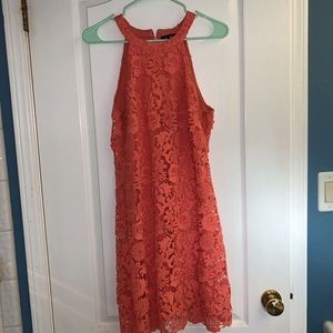 Coral colored lace prom dress